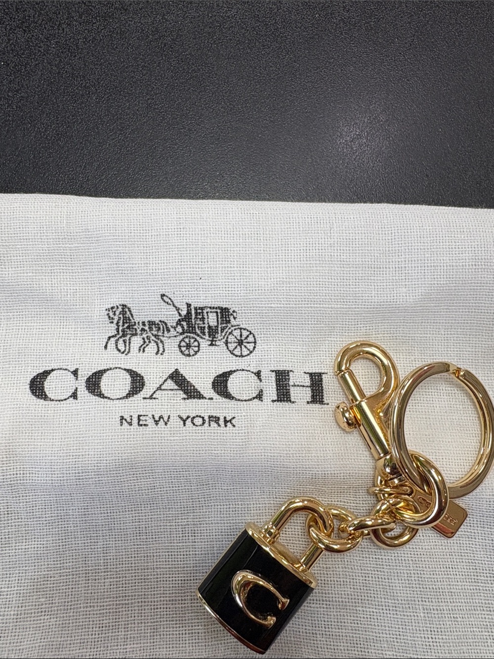 New**Coach** Gold-Tone and Black Padlock Keychain Key Holder